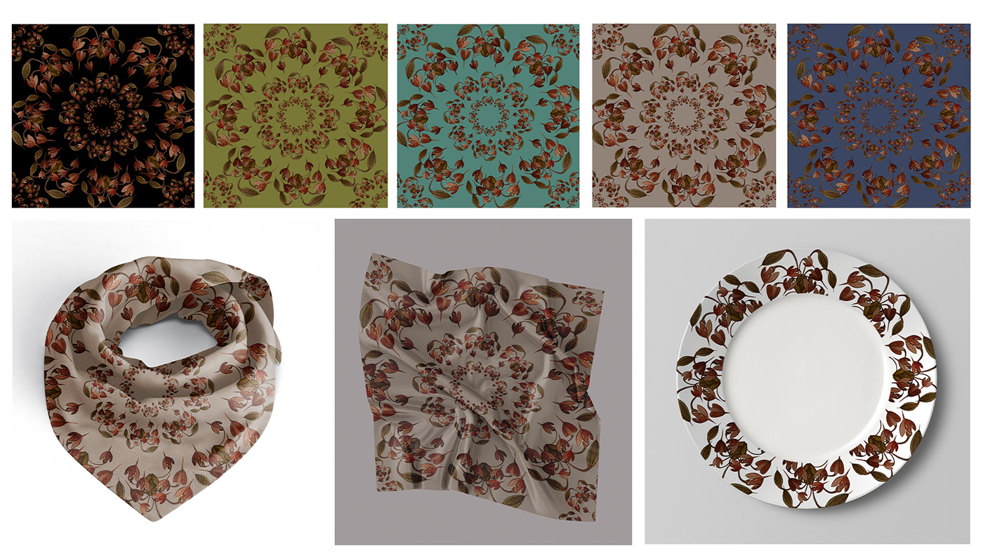 pattern print silk scarf surface design textile pattern design  watercolor digital painting seeds plants