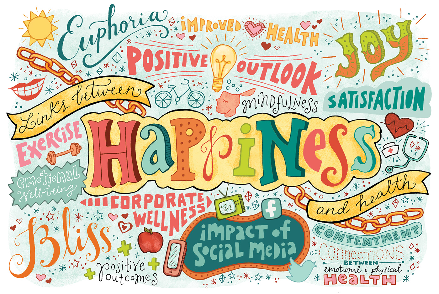happiness Health editorial magazine HAND LETTERING typographic illustration icons lifestyle Emotional