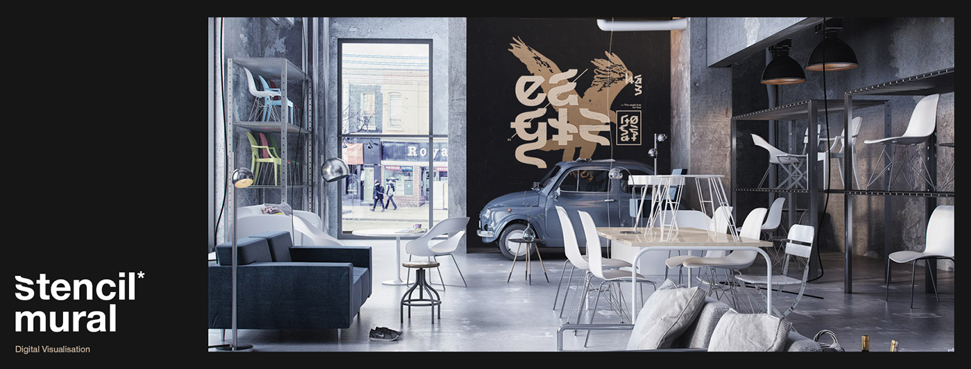 stencil Interior Mural car animals eagle rabbit wolf deer visualisation 3D font modern helvetica room