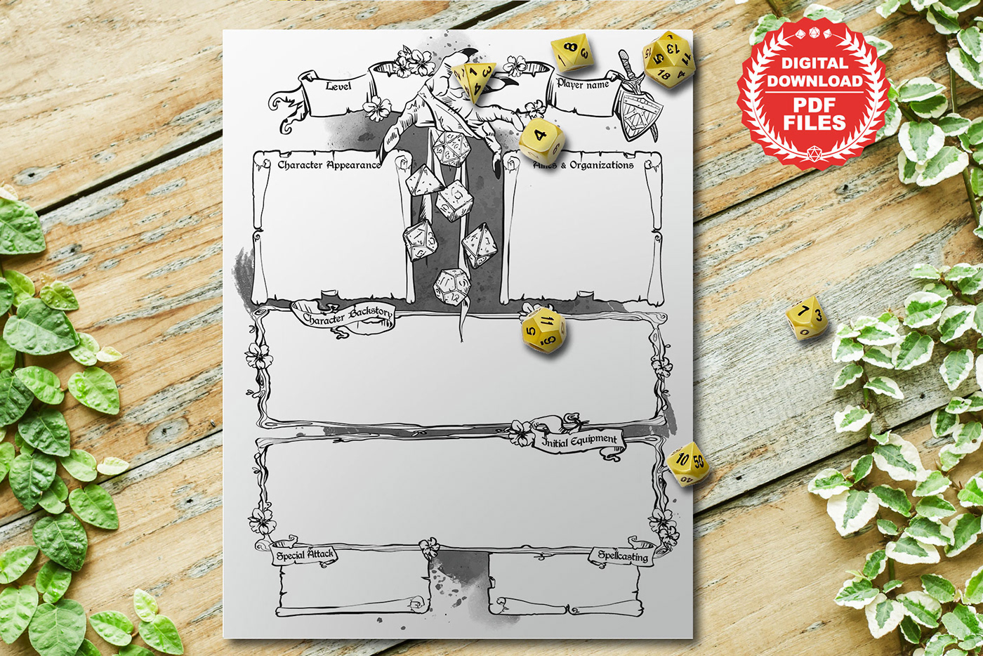 D&D digital file dnd Dungeons and Dragons Fillable Character Sheet ILLUSTRATION  pdf Printable Sheets RPG game table top rpg