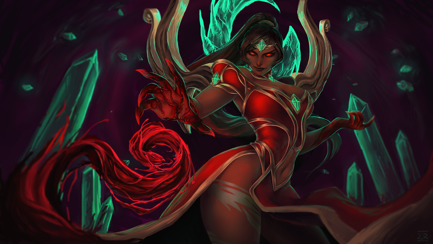 karma,league of legends,collab,skin,blood,mage,woman,digital painting,photo...