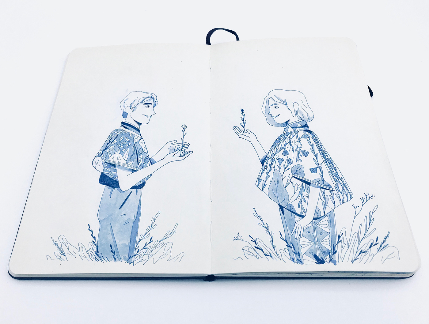 sketchbook ink watercolor Nature leaves blue Love