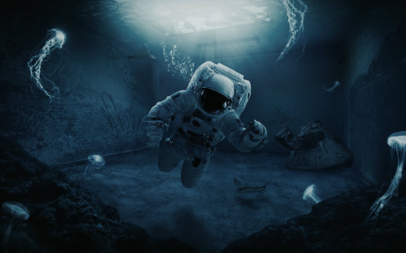 astronaut world underwater interstellar water jellyfish lights Apollo Space  adobe wacom photoshop manipulation Ps25Under25