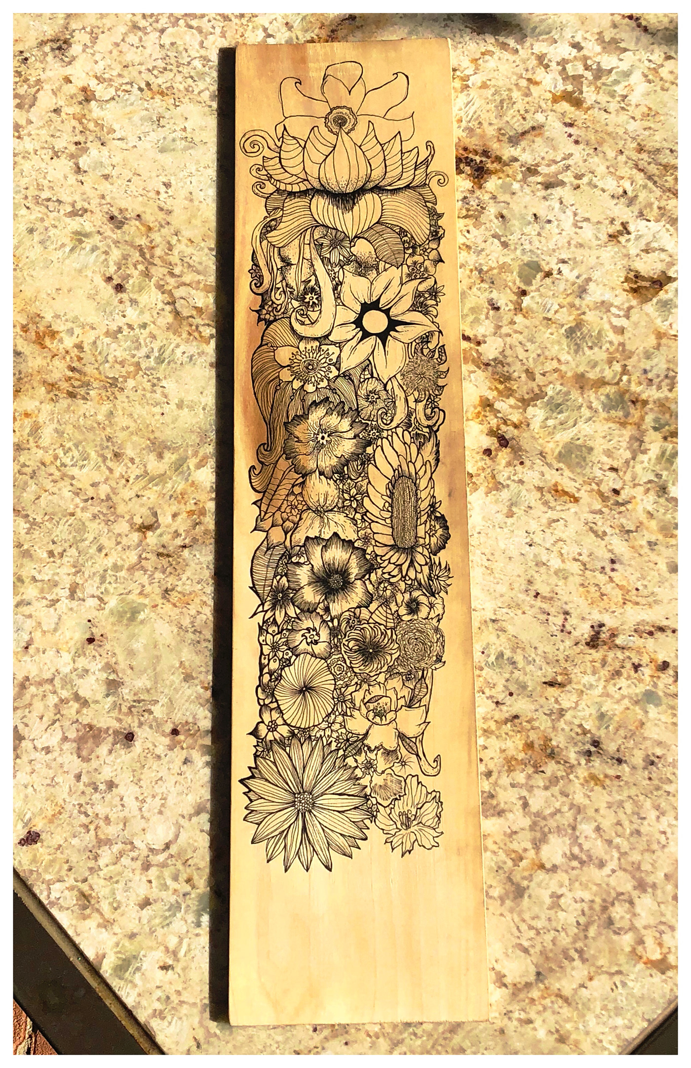Floral design flower art florals wood art ink on wood fine art vertical design micron pen details poplar wood ink to wood pretty