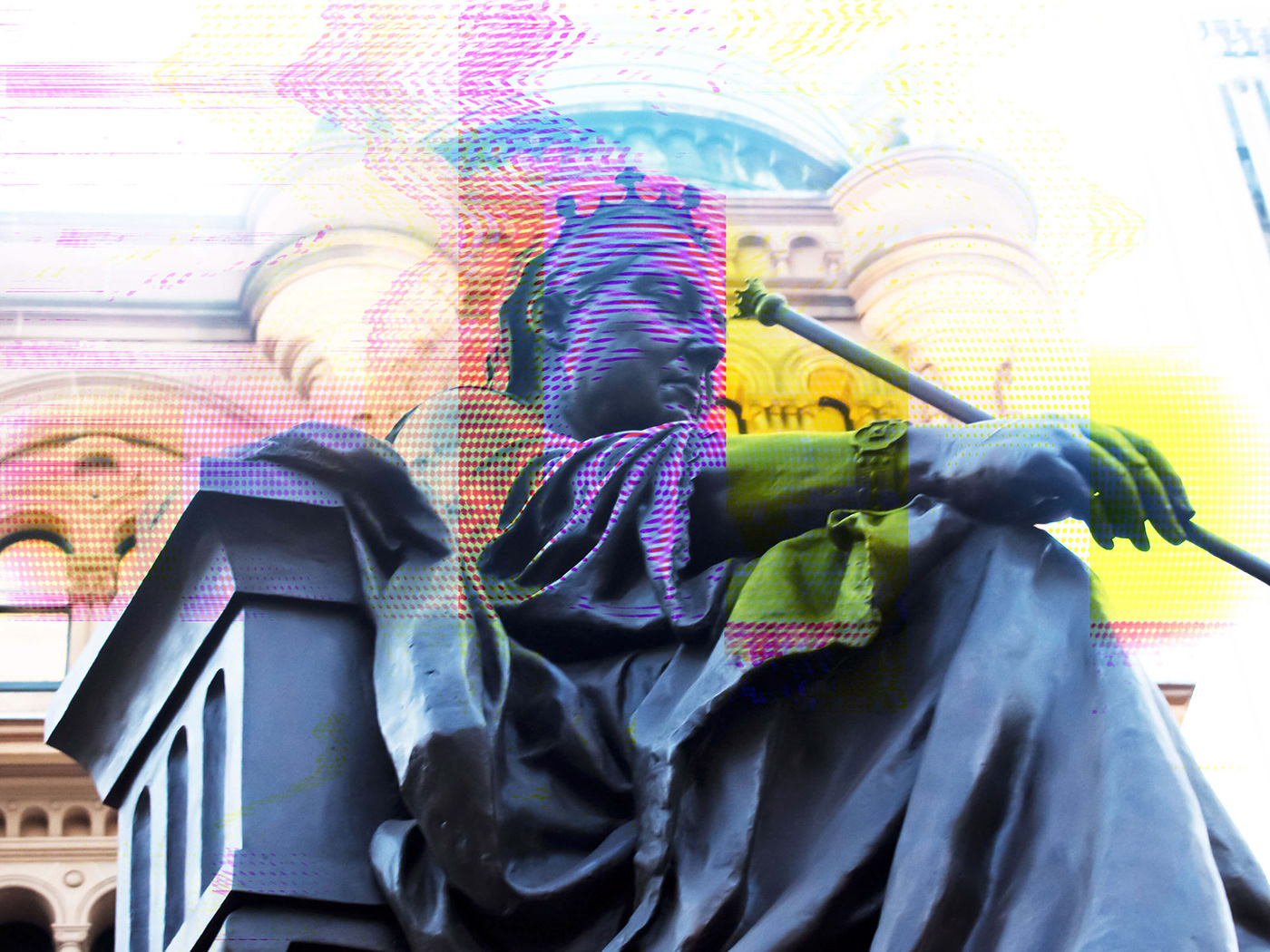 Queen Victoria statue with glitch overlay
