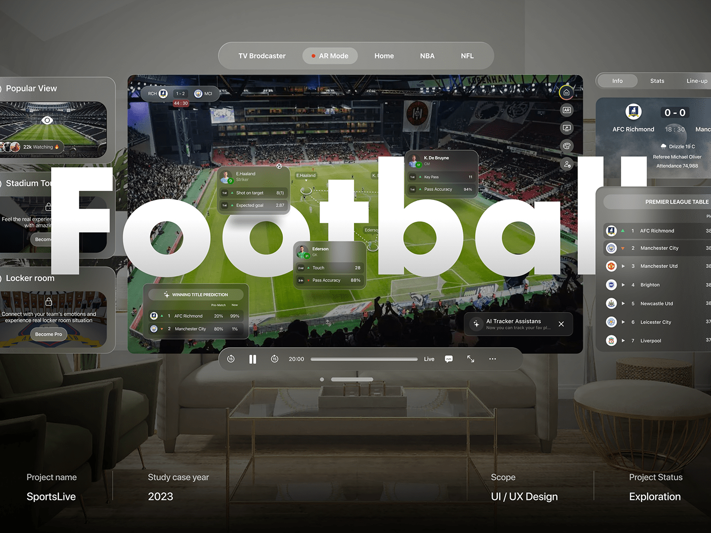 UI/UX augmented reality vision os football livestream football dashboard dashboard Spatial UI sports dashboard Football AR