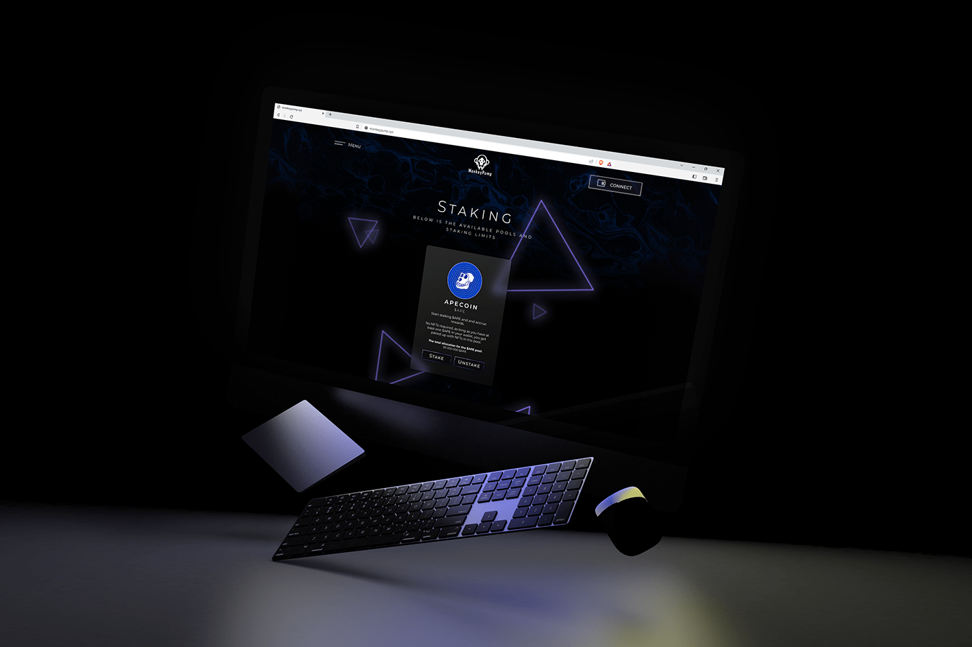 Image of a computer that is floating in a dark space, with the MonkeyPump website on it. 