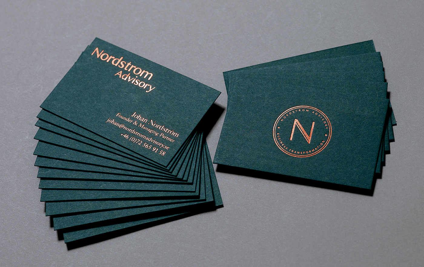 branding  identity copper foil embossing Racing Green under Stockholm Sweden finance