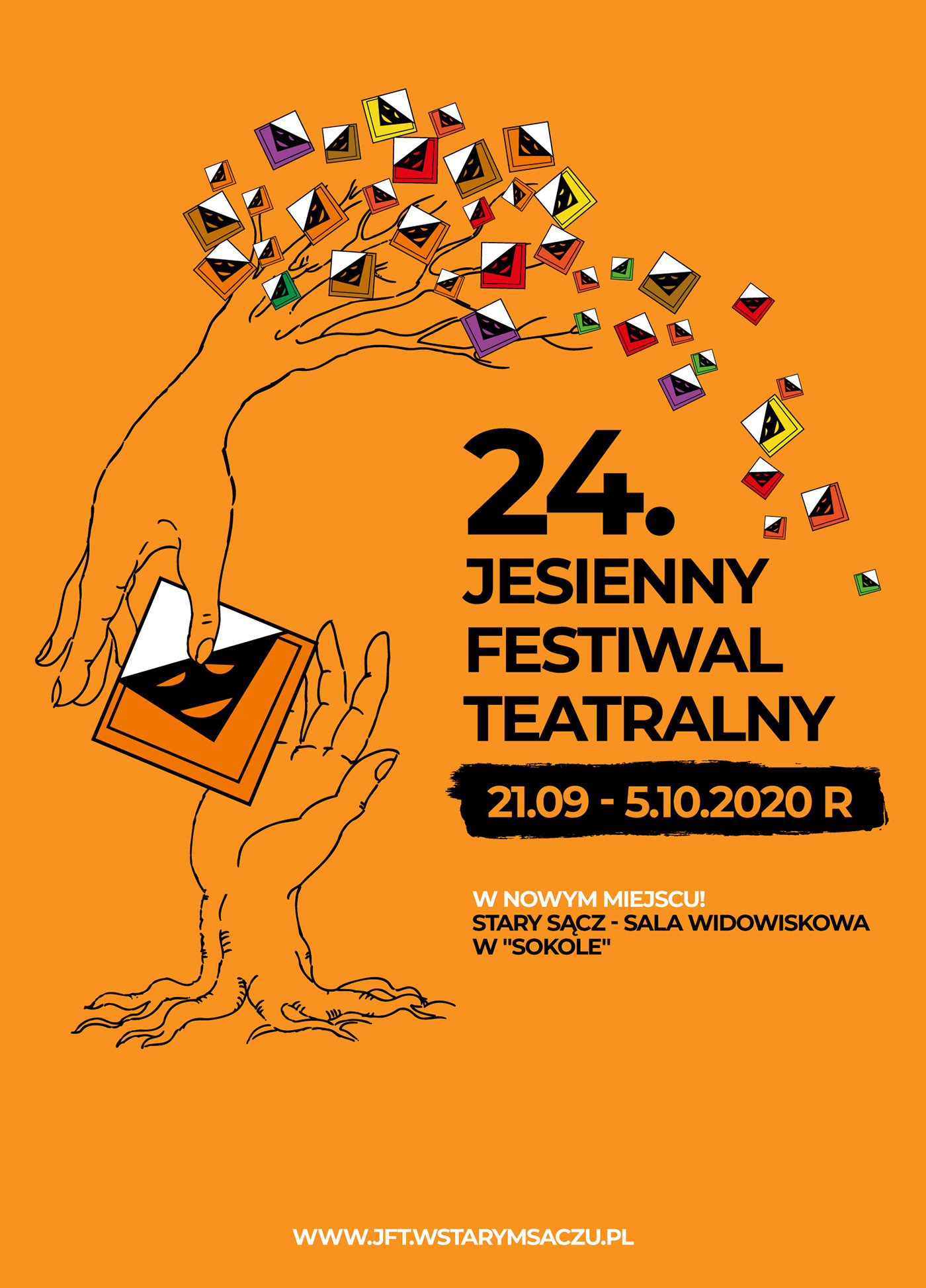 Poster designed by Oskar Semik, depicting a tree transformed into hands with festivals logo