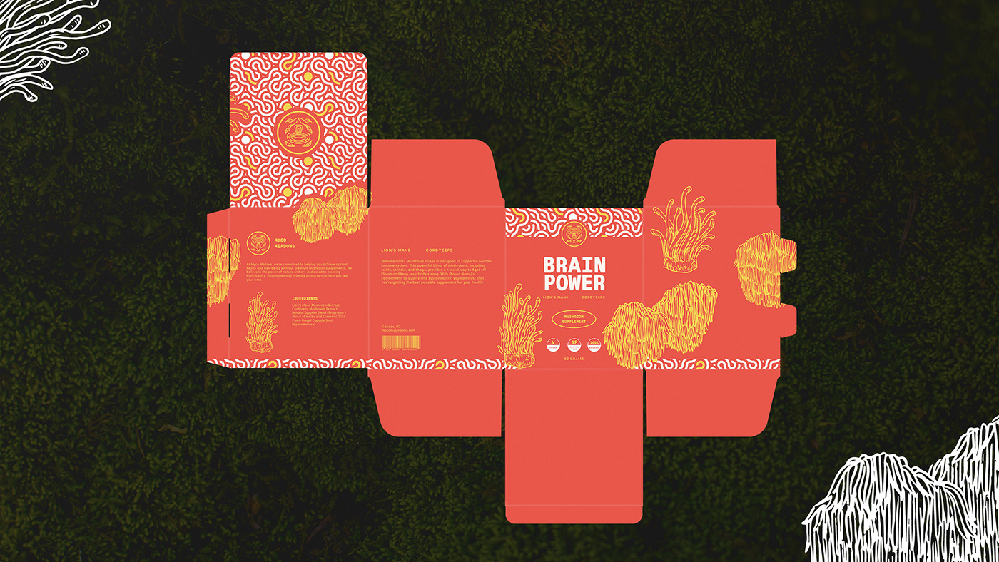 packaging design dieline package label design food design Packaging box mushroom supplement supplement design 