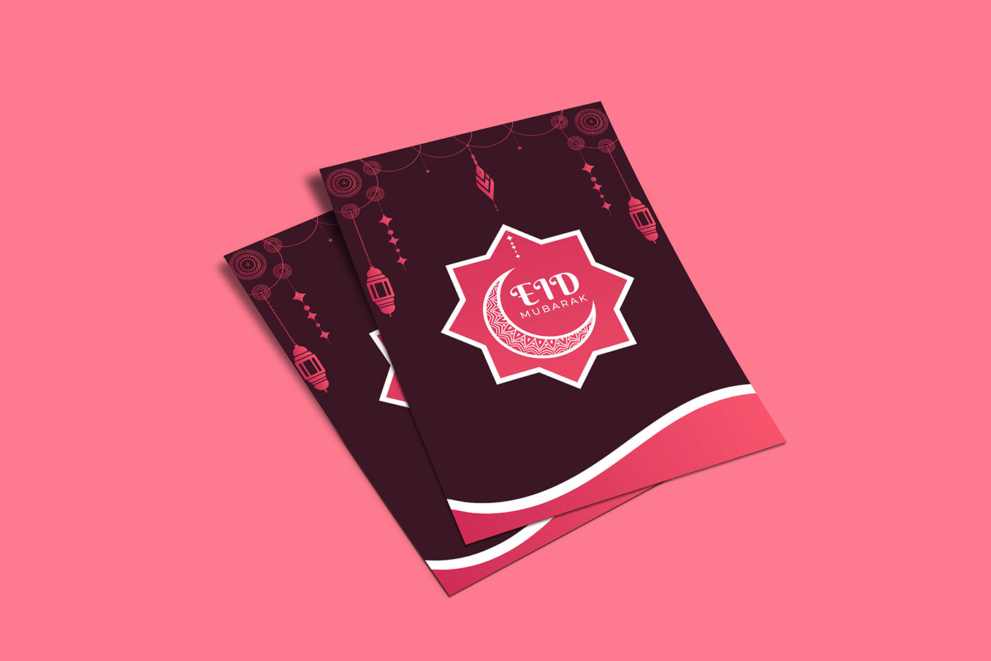 A stylized design for an Eid Mubarak greeting card or brochure cover featuring a maroon background  