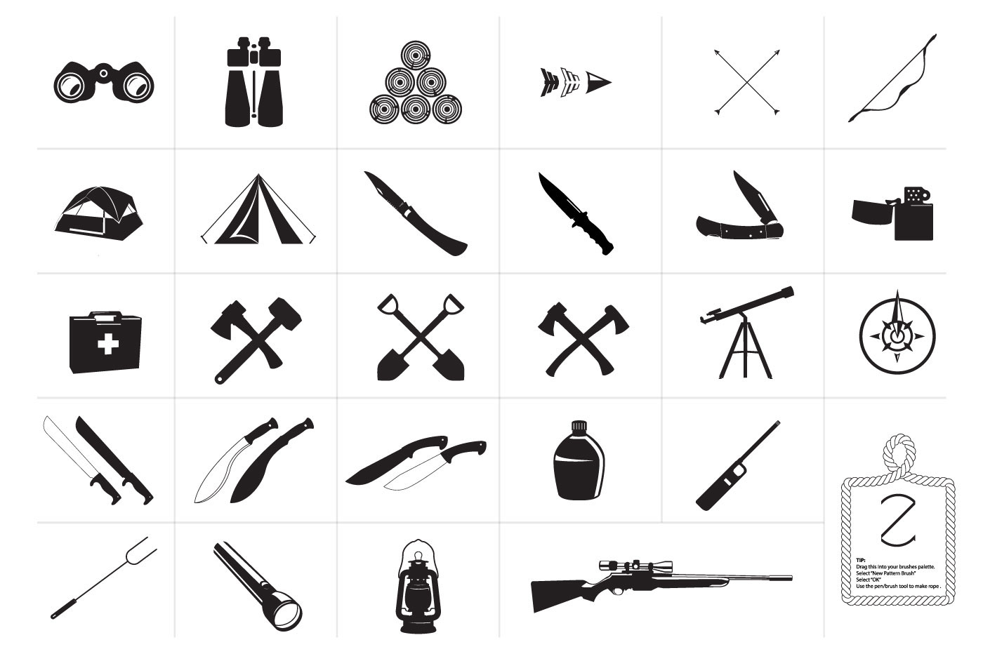 wilderness  Survival lighter tent axe knife Blade Icon design graphic Web print arrow bow