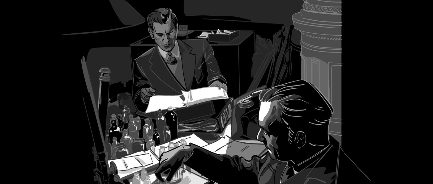 noir film cinematic storyboard pro Hitchcock lighting bus stop bottles detective 1940s 1950s