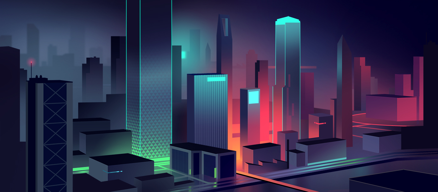 city skyline neon future Data Technology security light night editorial