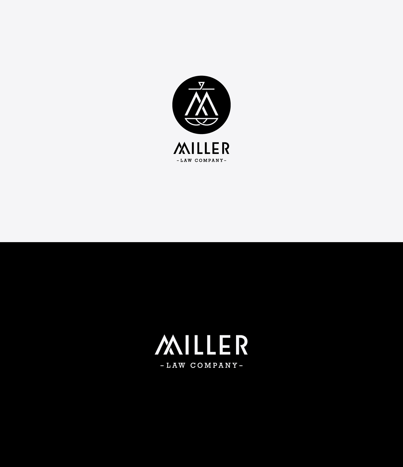 miller law company lawyer logo identity black White intelligent print business card Scales Web coin letter m