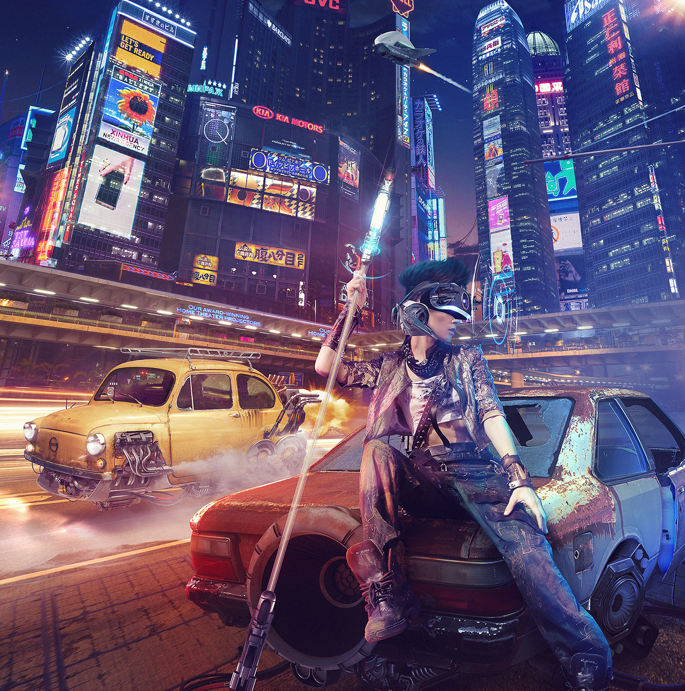 Cyberpunk sci-fi future city Photo Manipulation  Digital Art  dubai car retouch NEO