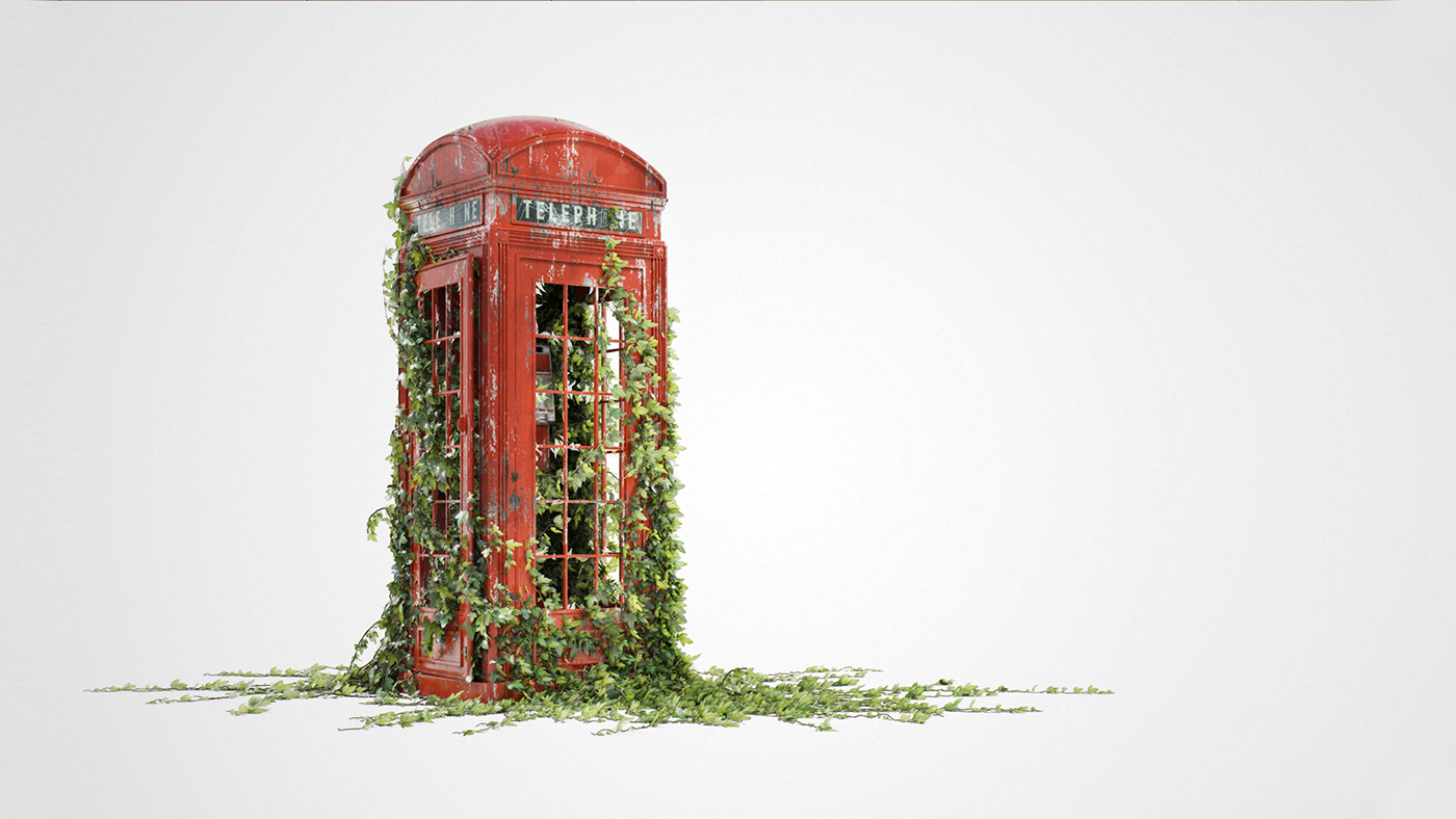 CGI vfx 3D phonebox telephone London still life studio ivy plants old Landmark england UK advert