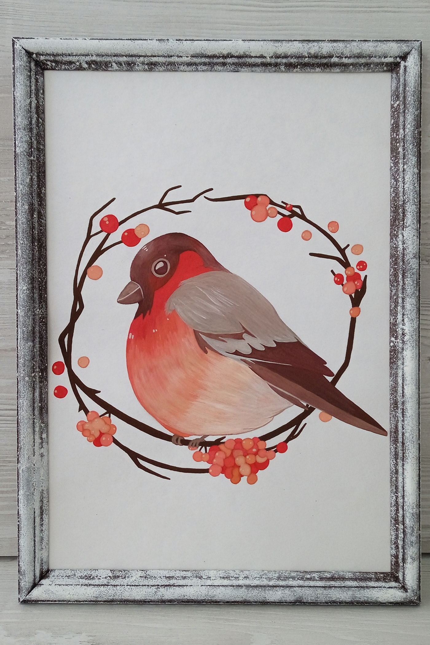 Drawing  artwork Christmas new year winter Holiday bird bullfinch berries painting  