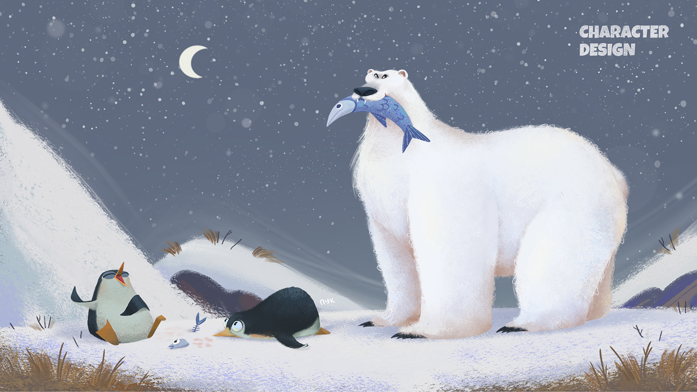 bear cartoon concept night Nort North Pole penguin polar snow winter
