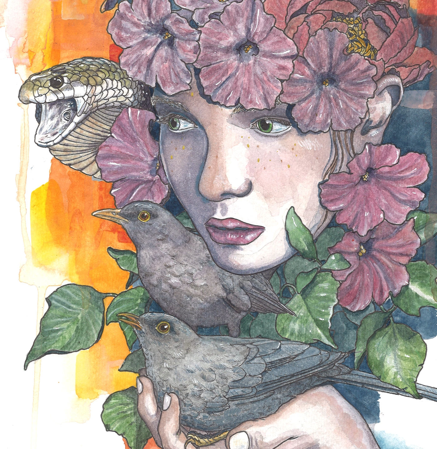 watercolour gouache Drawing  Nature birds Truck old girl portrait surreal