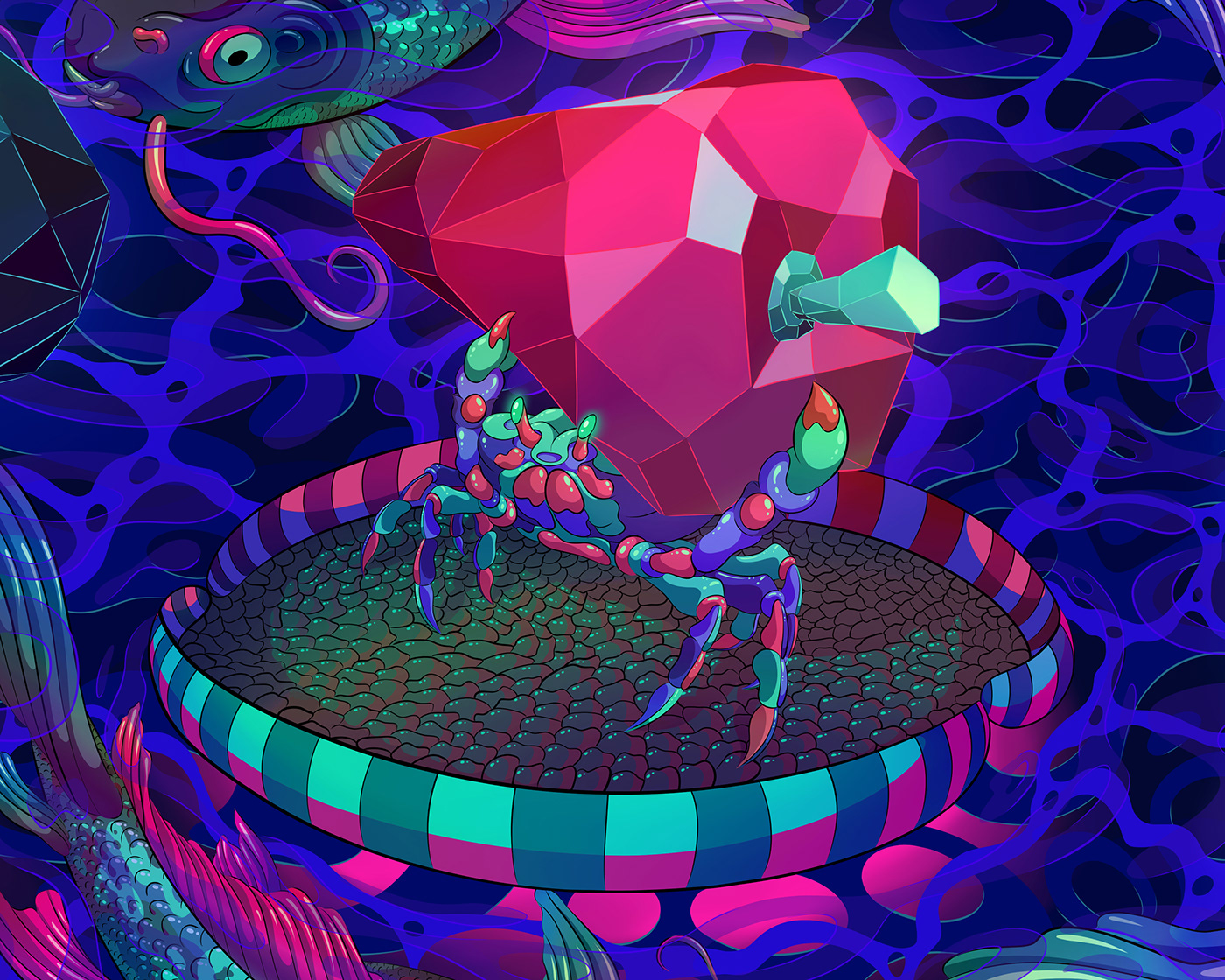 Illustration of a mischievous neon crab triumphantly holding up a crystal pepper in toxic colours.
