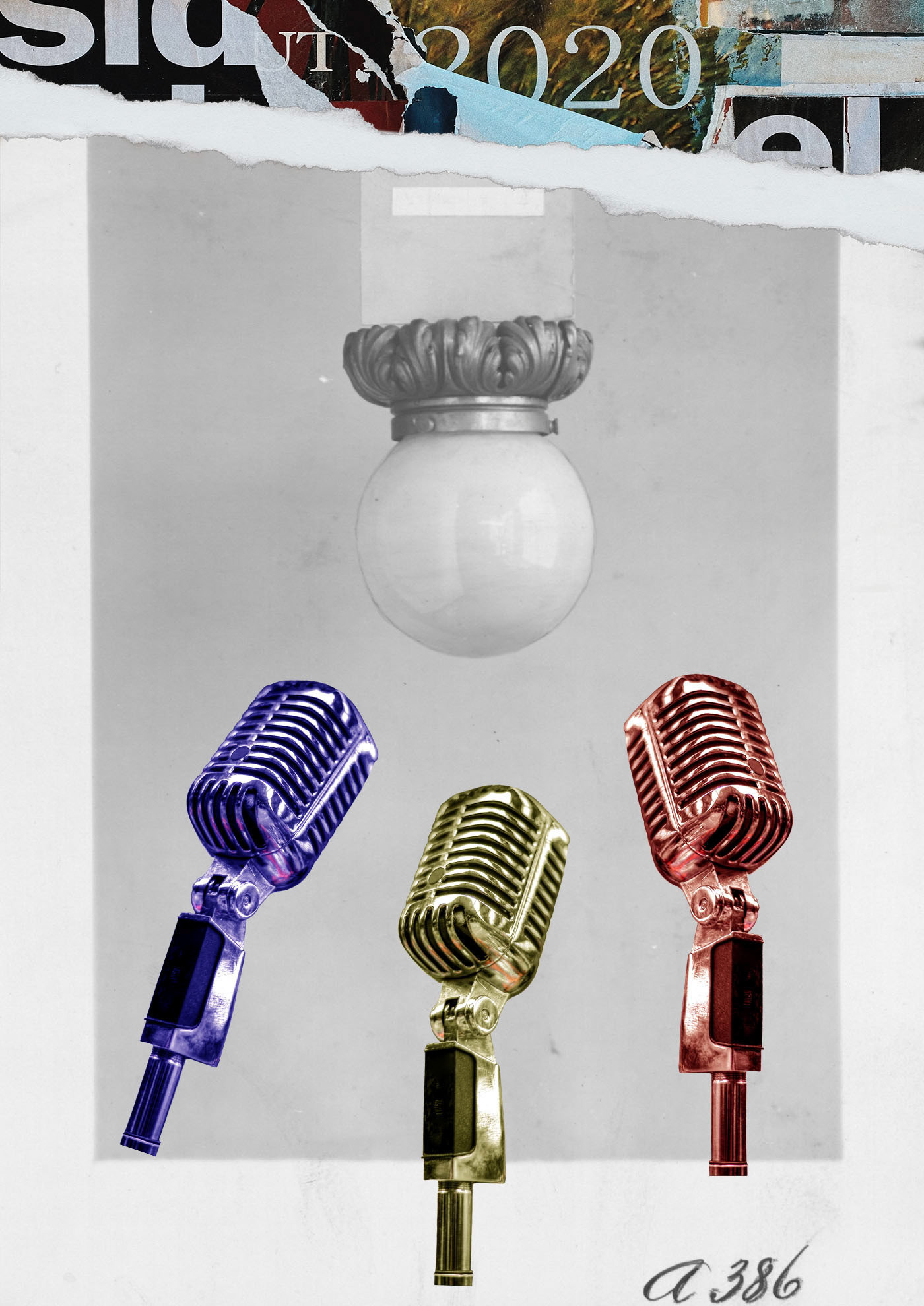 abstract audience Digital Collage flush headlines microphone