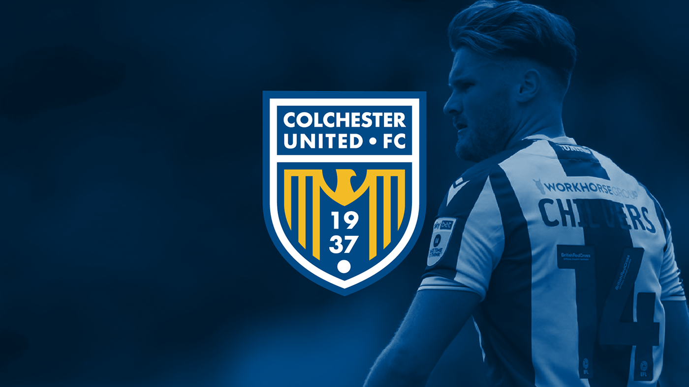 A redesigned badge of Colchester United sitting on top of an image of Noah Chilvers