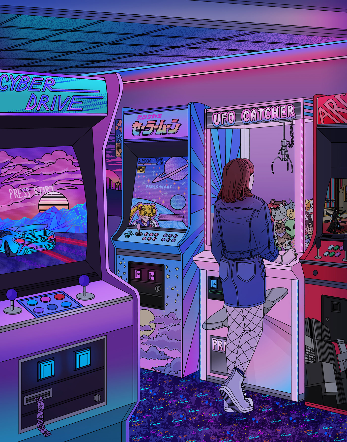 arcade neon Games vintage sci-fi amidstsilence concept Visual Development Interior aesthetic