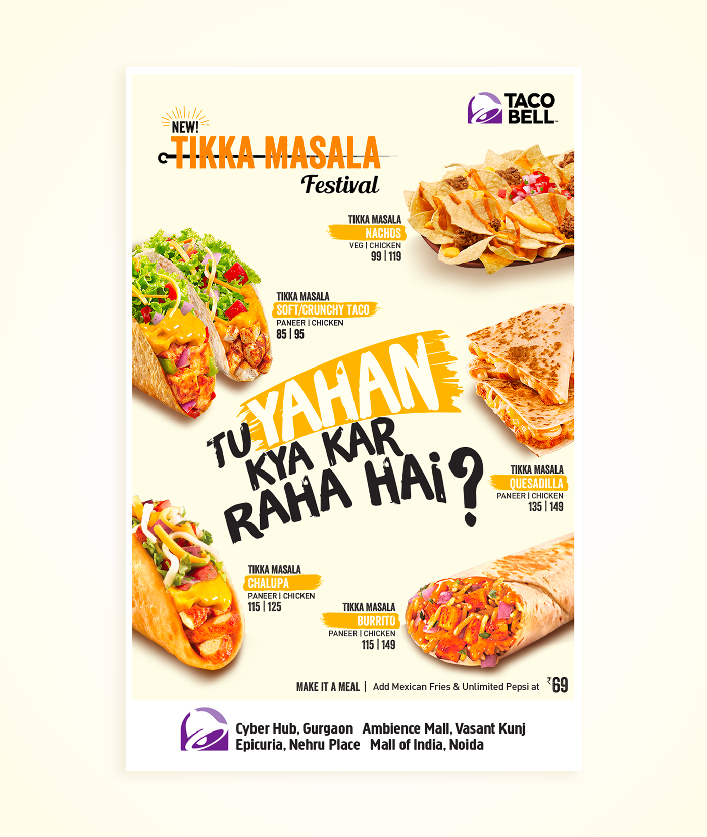 Taco Bell tikka masala indian food maxican food Tacos leaaflet print ad branding  gurgaon Delhi