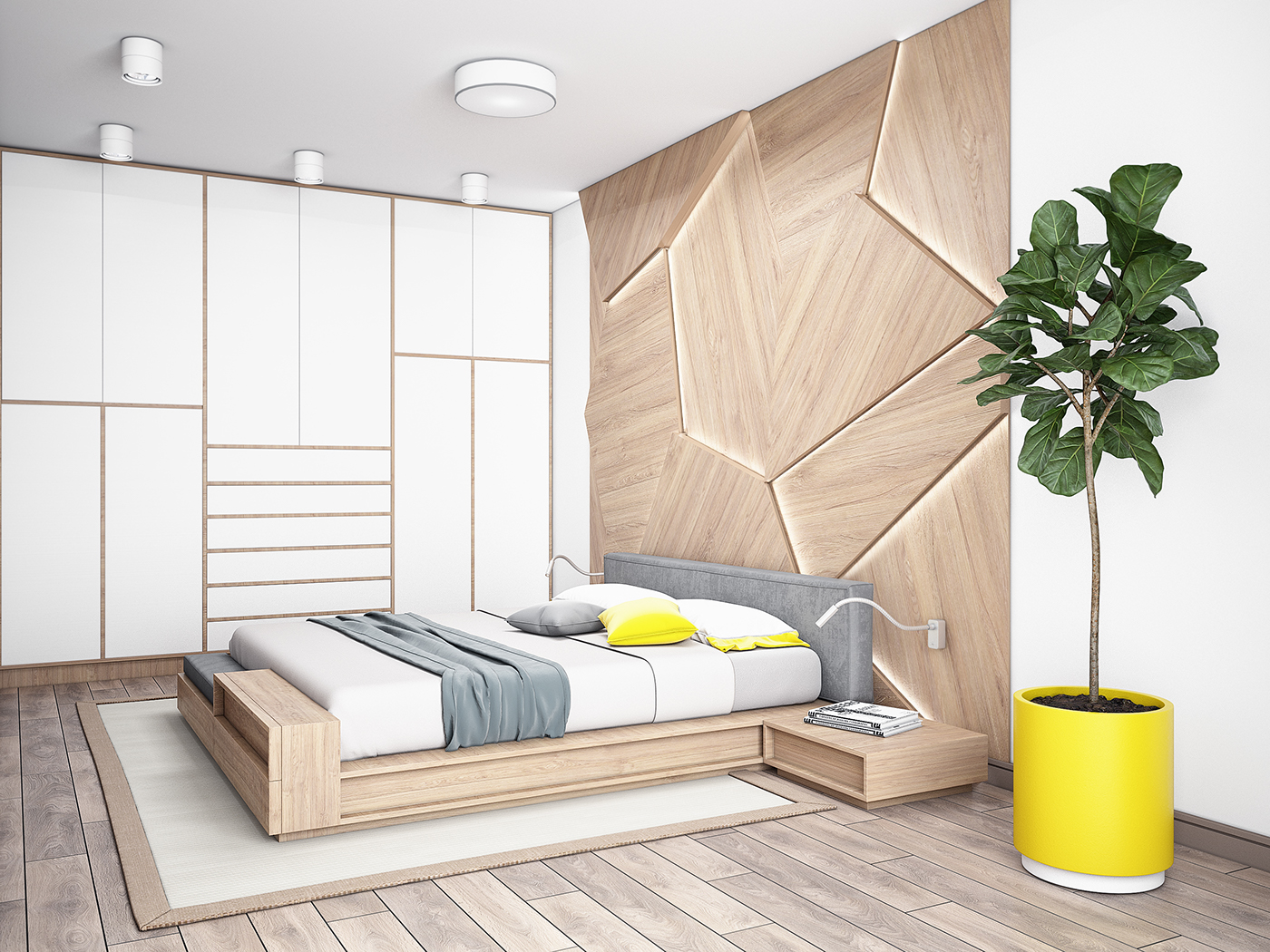 Interior design bedroom visualisation 3ds max+vray archiviz wood ecostile Scandinavian White