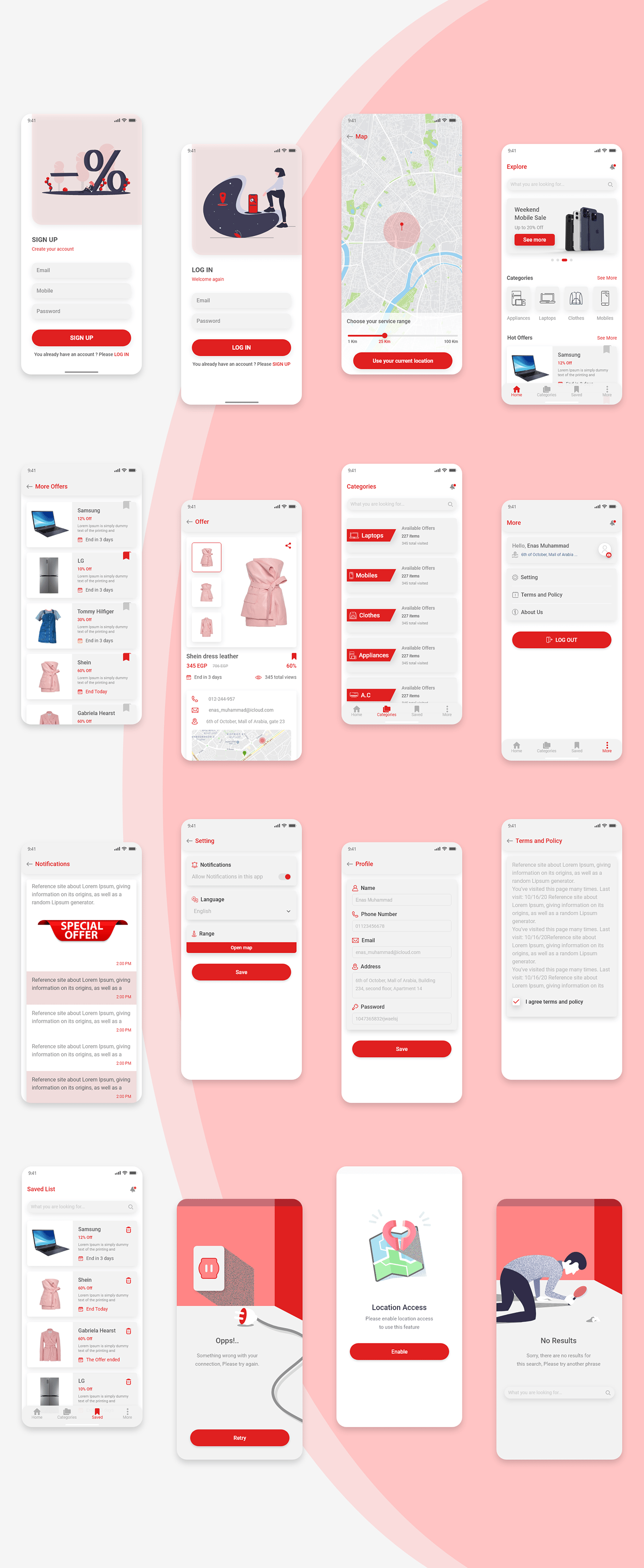 discounts mobile applcation  offers red ui ux user experience user interface Web Design 