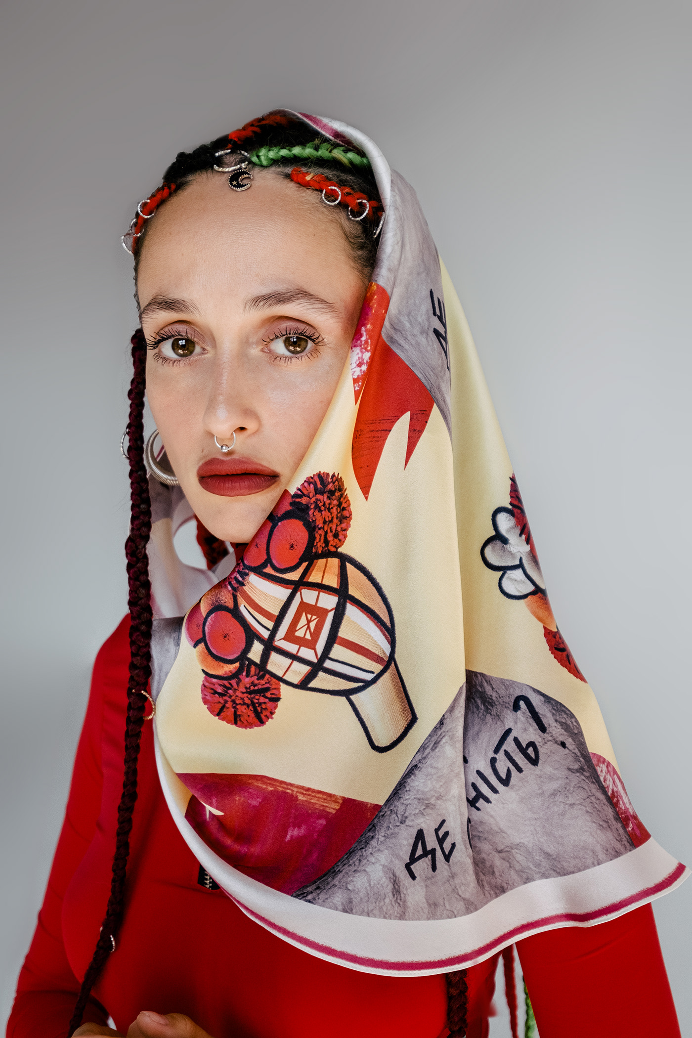 Alina Pash braids Fashion  fire red red overall scarf septum piercing silk scarf ukrainian