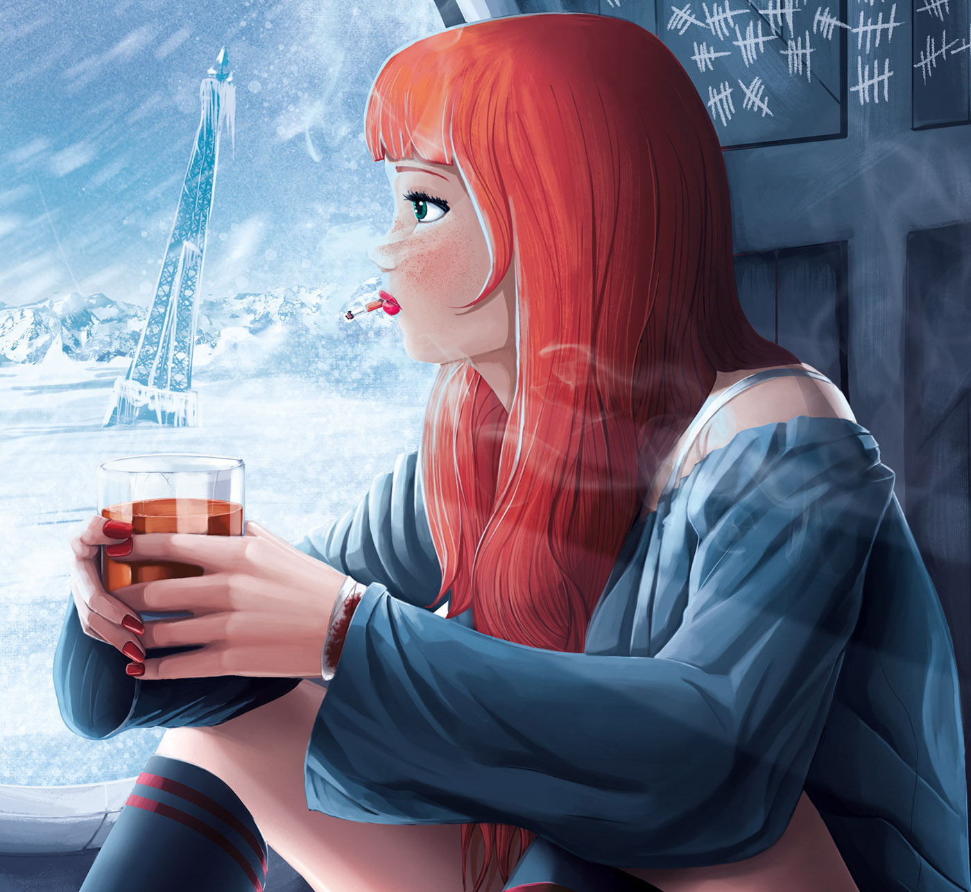 cdriko digital painting draw photoshop painting   ice age Girl alone redhead rouquine apocalypse