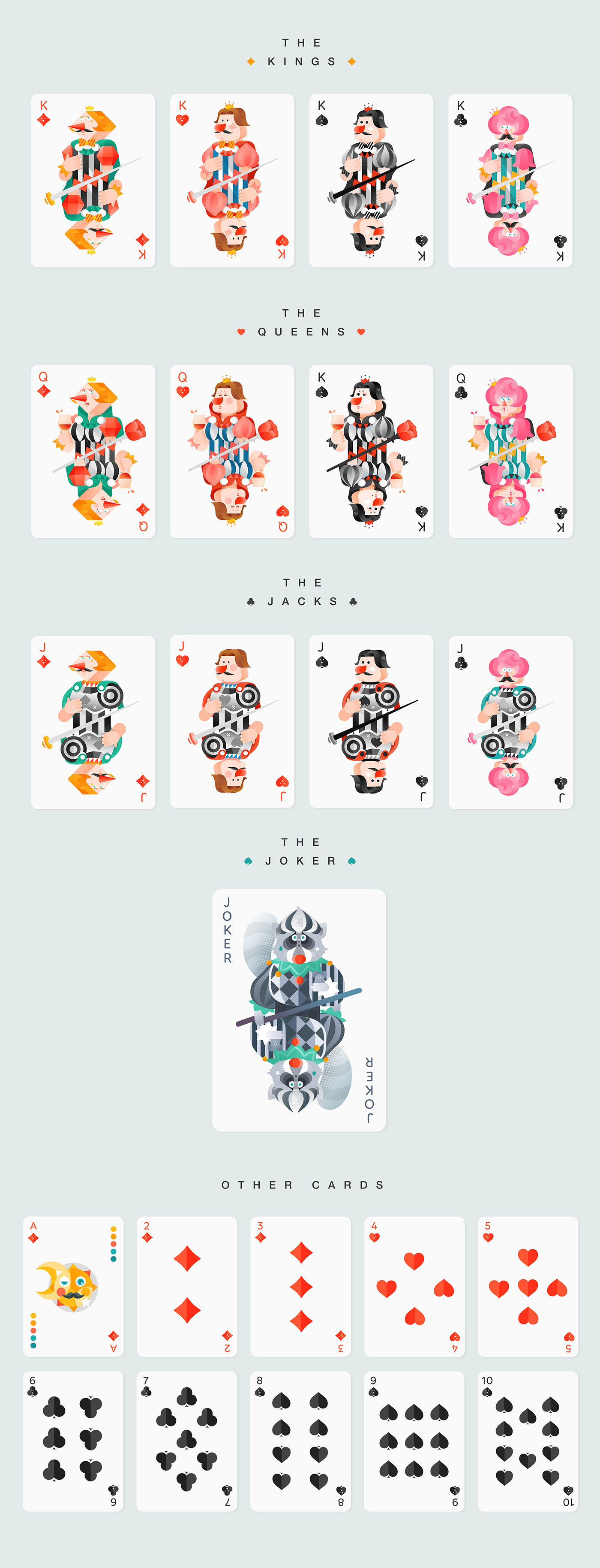 Poker playing card raccoon clown Character design  king queen joker