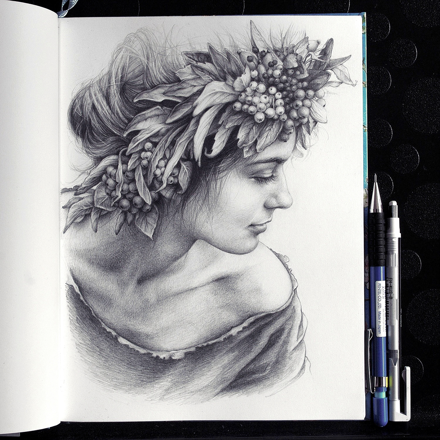 portrait face graphite pencil sketchbook hair woman man beard Flowers