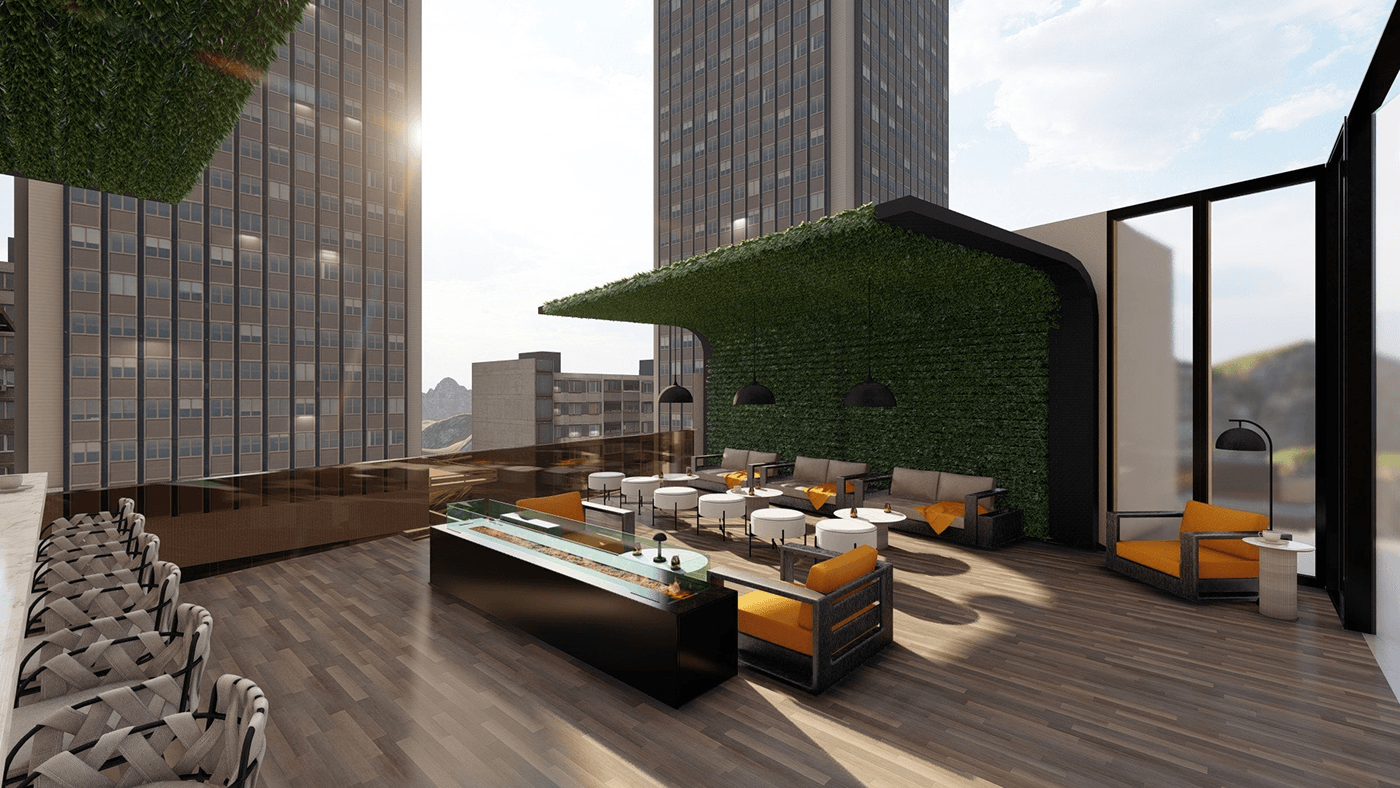 interior design  Render exterior terrace rooftop bar