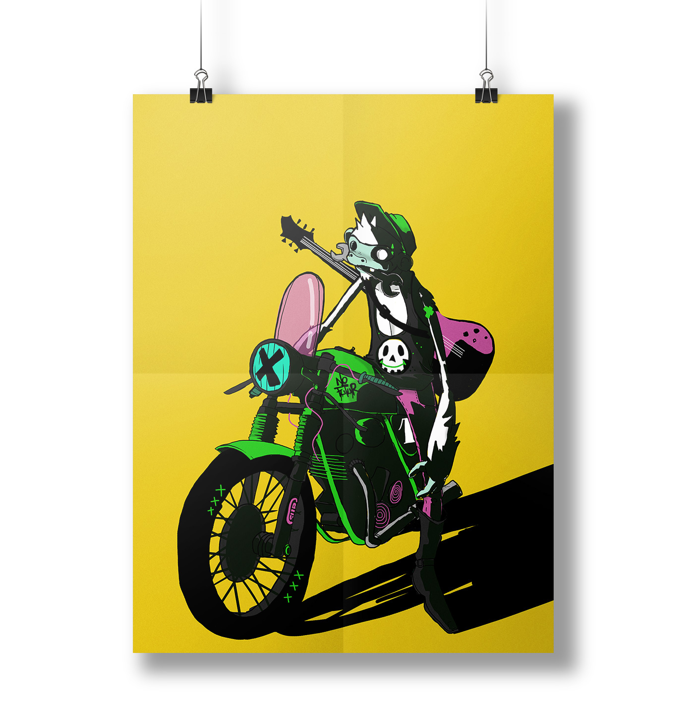 monkey cafe racer biker rock'nroll punk retro futur ILLUSTRATION  jaune rose