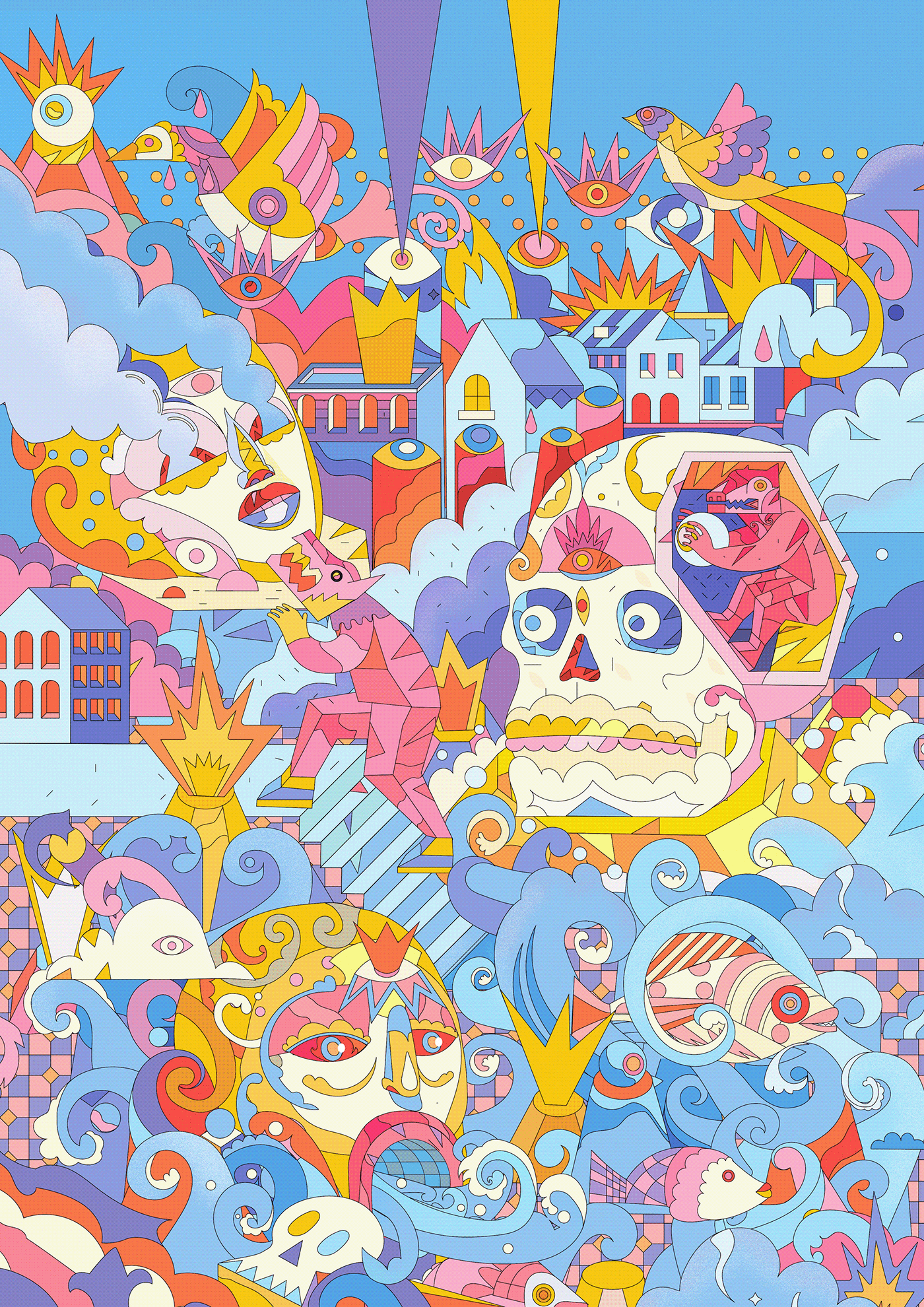 animal owl vector sunglass Cubisme grece geometric psychedelic print cityscape