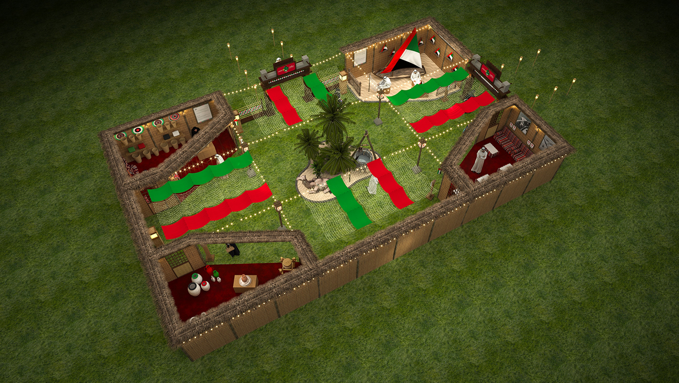 3d design 3d visualizer Arabic heritage Barasti Huts Bedouin Oasis Event Setup mall activation National Day Event UAE Heritage Design UAE National Day
