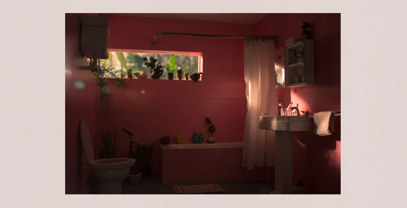 Maqueta baño miniatura set design  escenografia inodoro bathroom plants pink bañadera