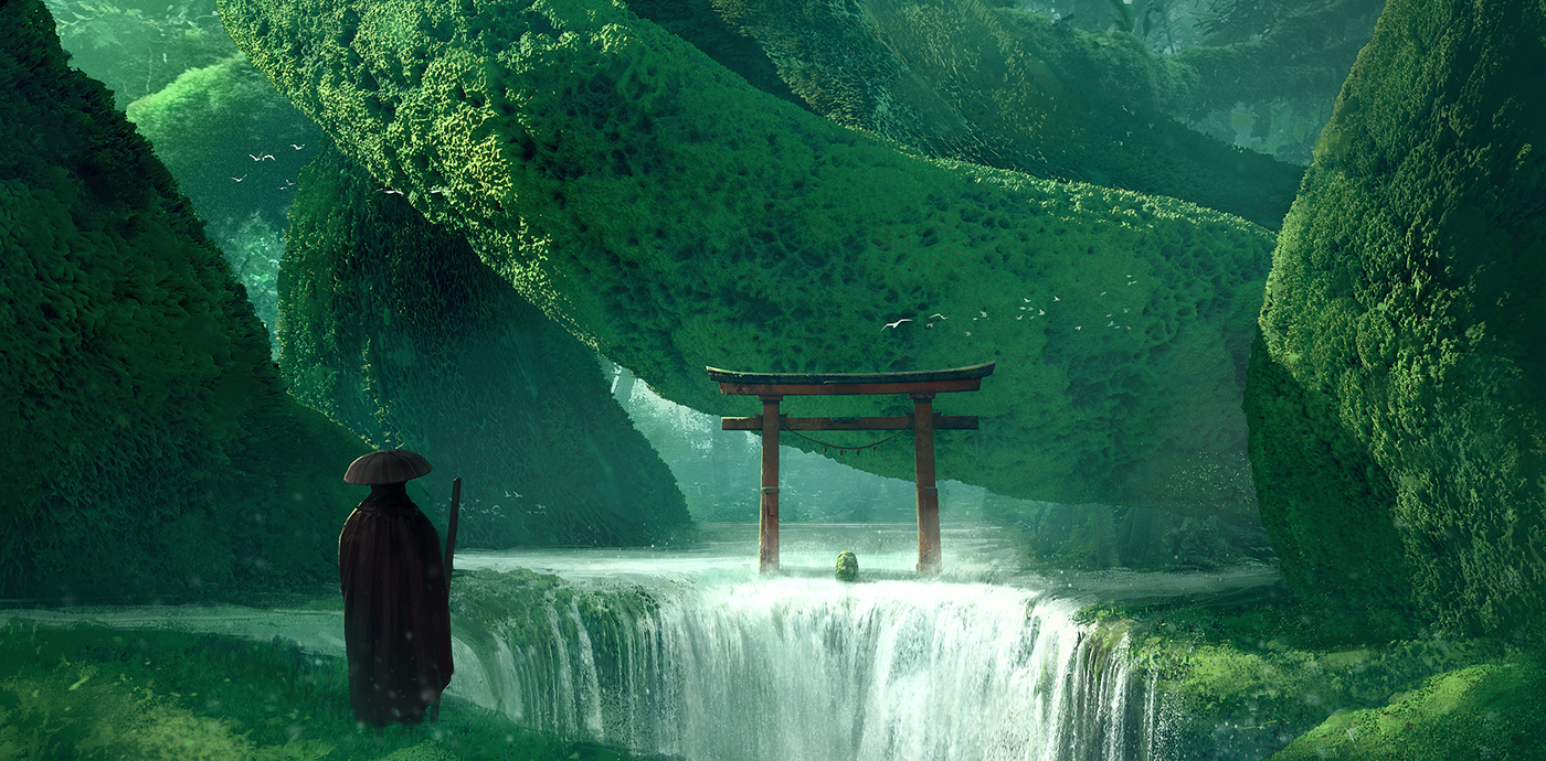 concept art japan forest fantasy ILLUSTRATION  waterfall torii