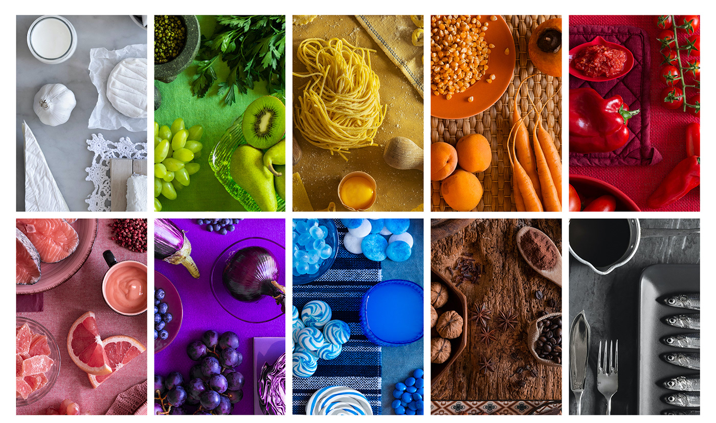 color Food  monochrome pantone still life colorful fish Pasta vegetables food photography