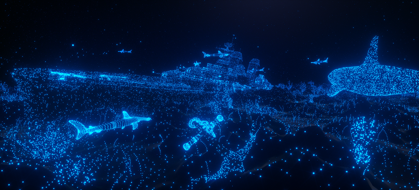 hexagon dots points scatter xparticles motion city bridge underwater fishes