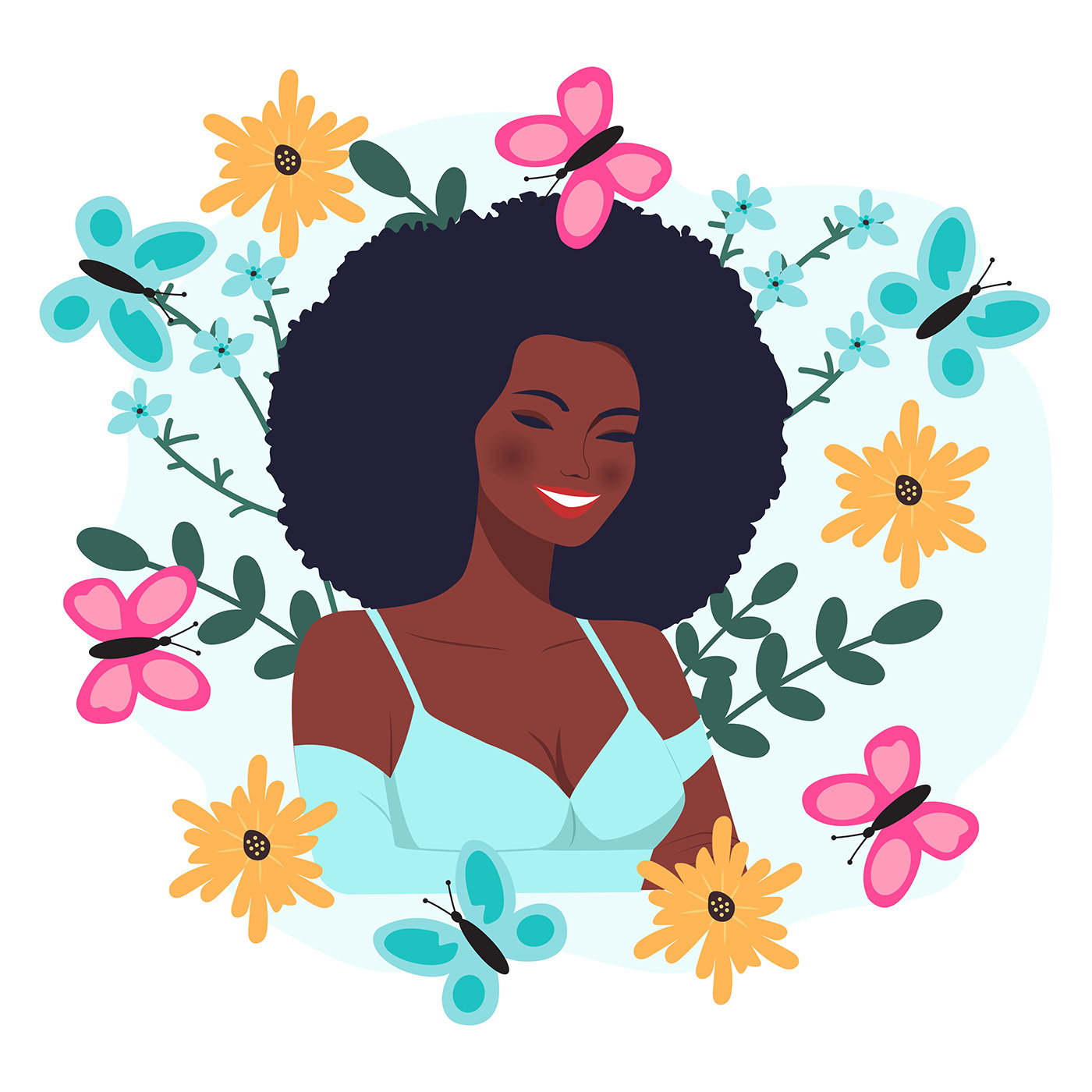 A happy woman surrounded by flowers and butterflies