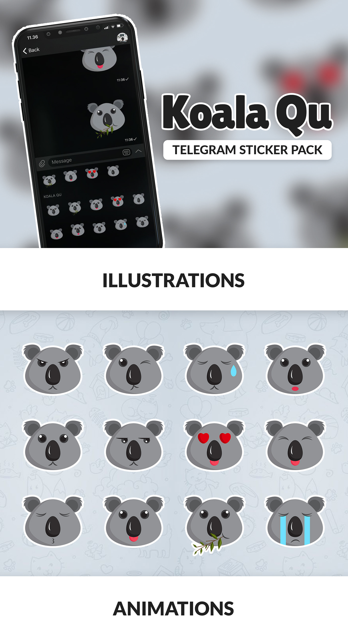 after effects animation  Character Character design  koala lottie animation motion graphics  sticker pack stickers Telegram