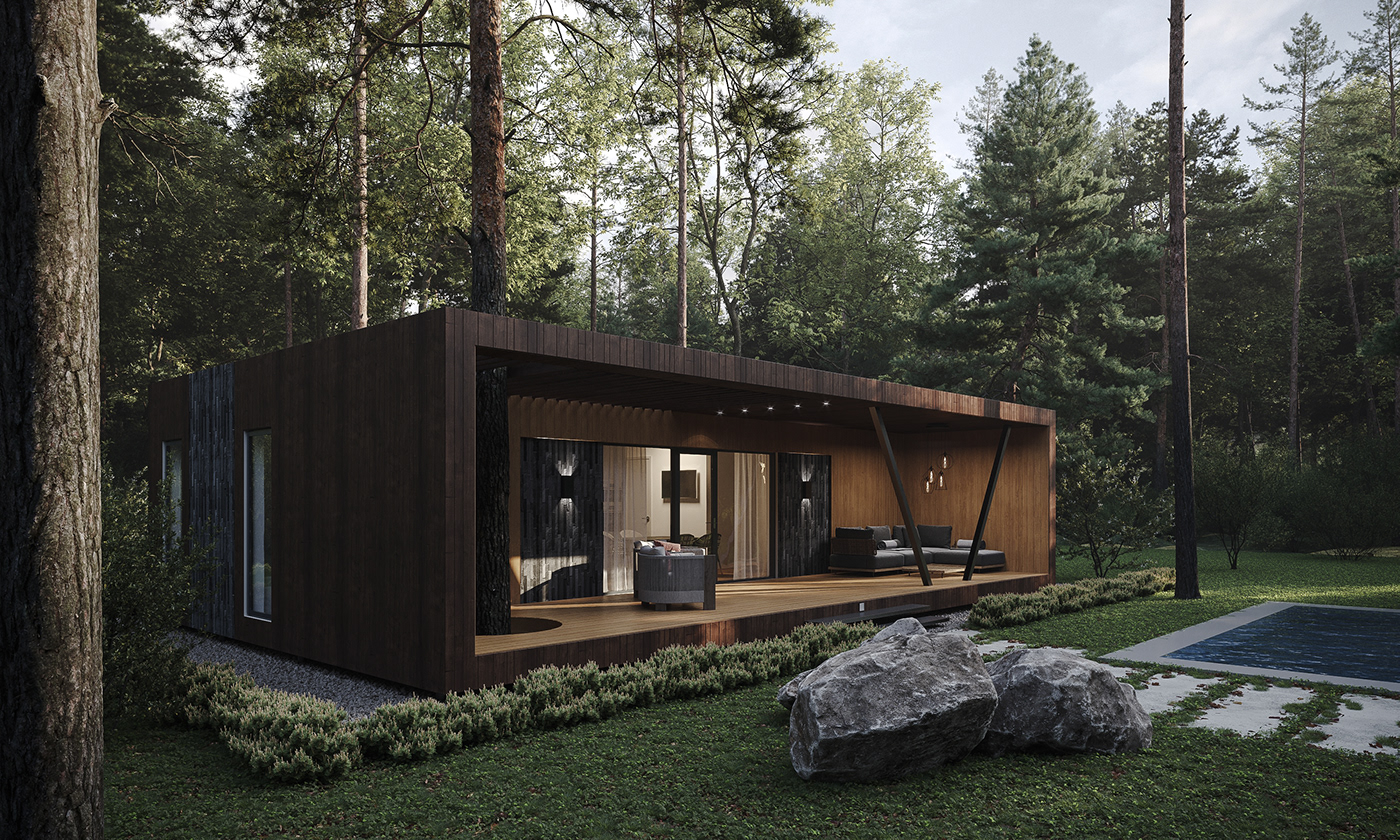 3ds max architecture corona renderer exterior forest house light modern house photos Render