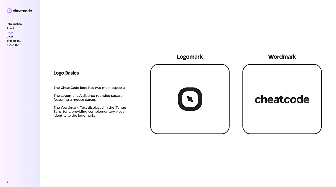 Our Logomark and Wordmark explained in our Brand Identity on a white background with purple gradient