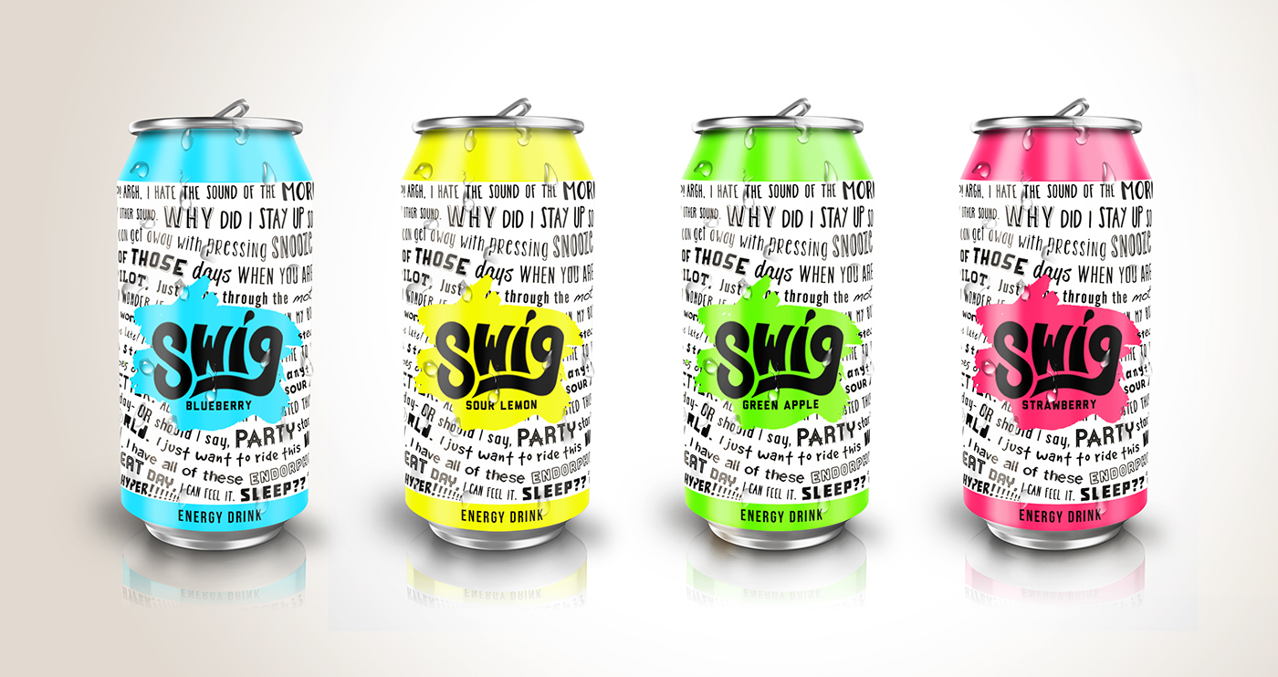 SWIG energy drink neon hand drawn logo green blue yellow red can design watercolor vibrant