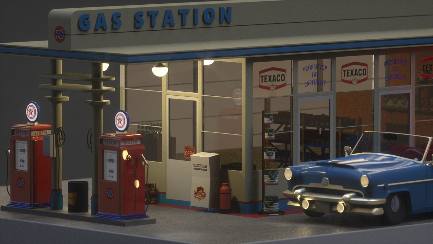 vintage car buick 3D cinema4d c4d gas station 3d Scene