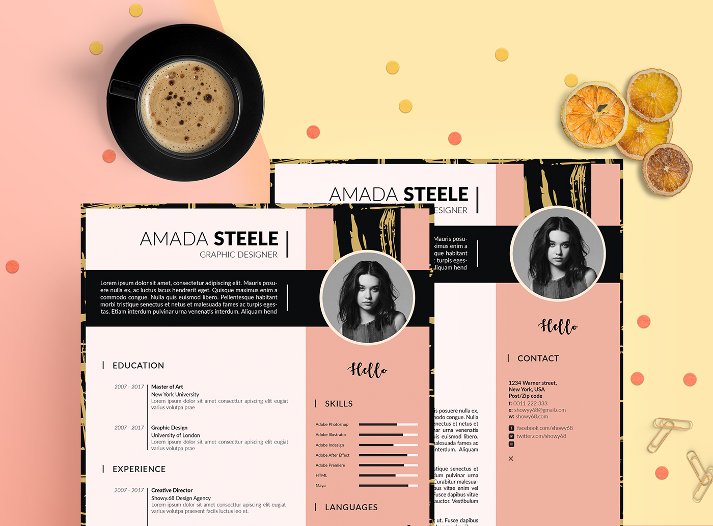 CV template Resume pink gold black print a4 design